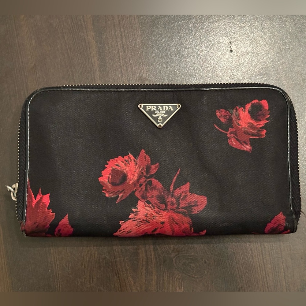 Prada Black and Red Floral Zip Wallet